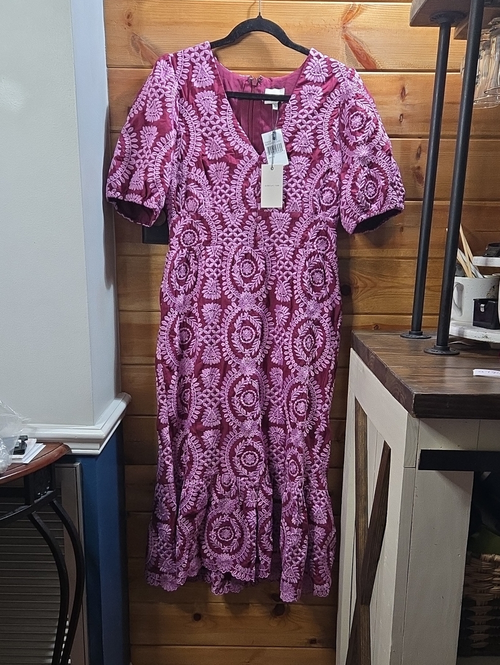 Adelyn Rae Burgundy Lilac Embroidered V-Neck Midi Dress